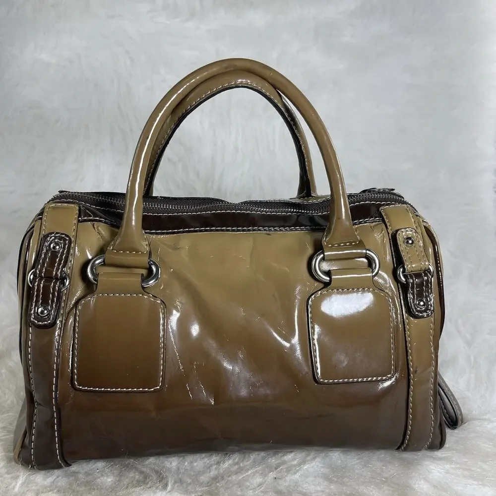 GUESS Patent Leather Satchel Shoulder Bag Brown Tan Logo Purse W015017